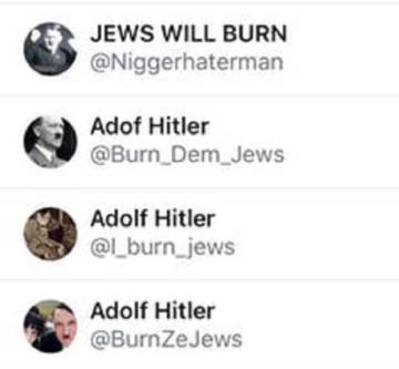 [“Los judíos arderán@odioalosnegros” “Adof Hitler@quemajudíos”, diversas versiones]. Un número sorprendente de perfiles tiene nombres e identidades de Twitter con mensajes de odio. Campaña capturada por Jennifer Grygiel, CC BY-ND