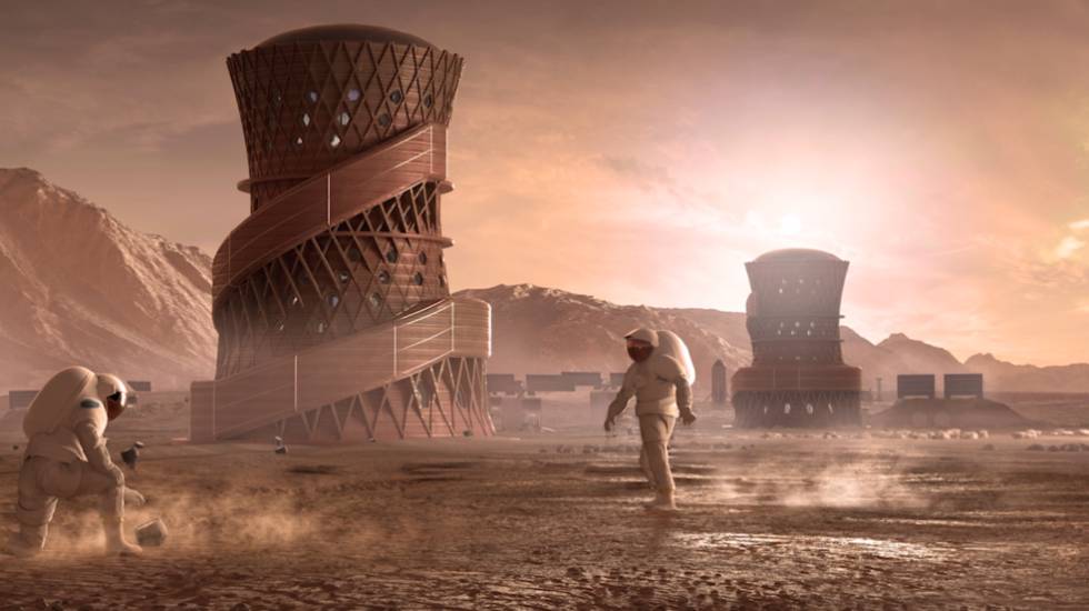 Ilustración de una colonia humana en el espacio creada con impresión 3D. Este imagen pertenece a la propuesta de Team SEArch Apis Cor, ganadora del concurso convocado por la NASA.