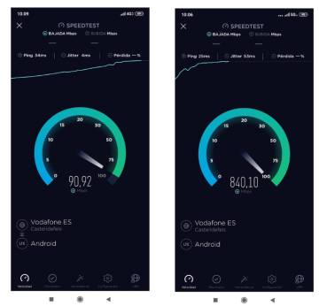 Test de velocidad de un 'smartphone' de Xiaomi conectado a la red 4G (izquierda) y 5G (derecha)