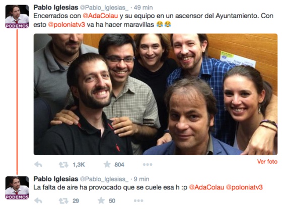 Pablo Iglesias se queda atrapado en un ascensor con Ada Colau y lo tuitea