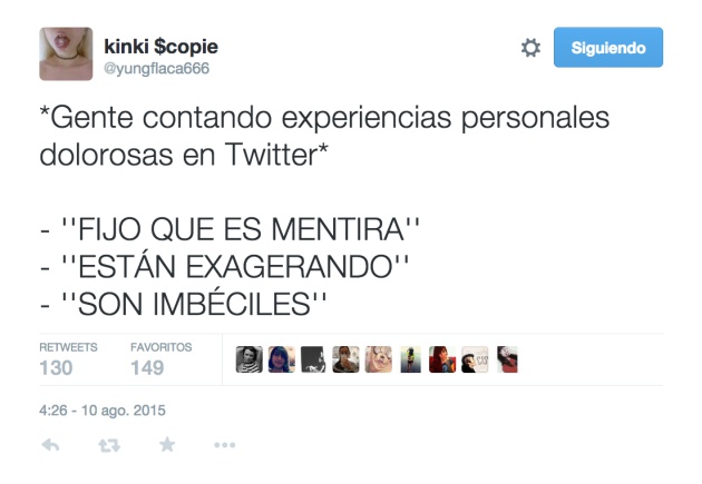 Tuit de Loreto Ballesteros criticando las reacciones de algunos usuarios frente a las experiencias de abusos machistas.