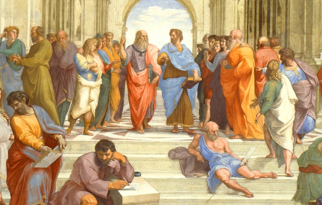 La escuela de Atenas&#039;, de Rafael. En el centro est&aacute;n Plat&oacute;n (se&ntilde;alando arriba) y Artist&oacute;teles (se&ntilde;alando abajo). En la escalera est&aacute; Di&oacute;genes (de azul) y abajo, sentado, Her&aacute;clito 