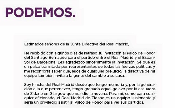 La carta de un senador de Podemos rechazando ir al palco 