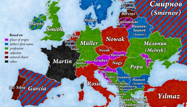 El mapa que muestra los apellidos más comunes de Europa (y su significado)