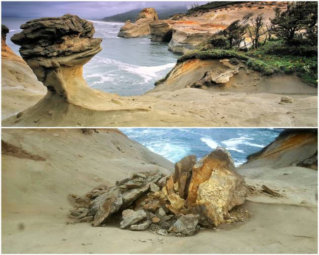 La formación de arenisca antes y después del acto vandálico