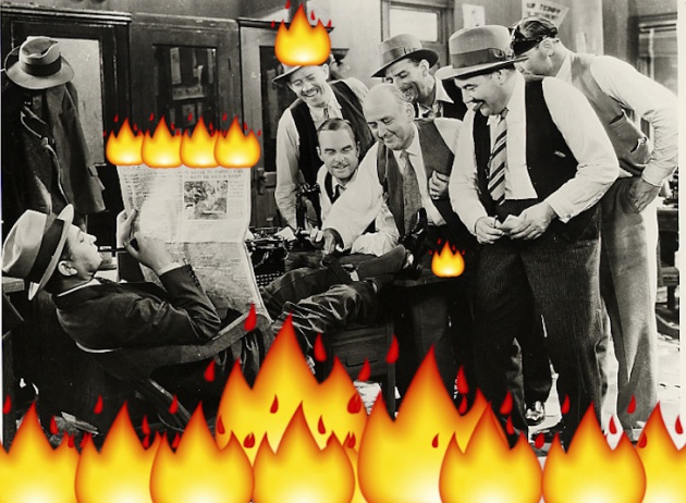 Simulación de lo que ocurre en la redacción cuando arden las redes. Imágenes grabadas por un experto en un circuito cerrado, no intentar en casa. El fotograma original es de Platinum Blonde (1931), de Frank Capra.