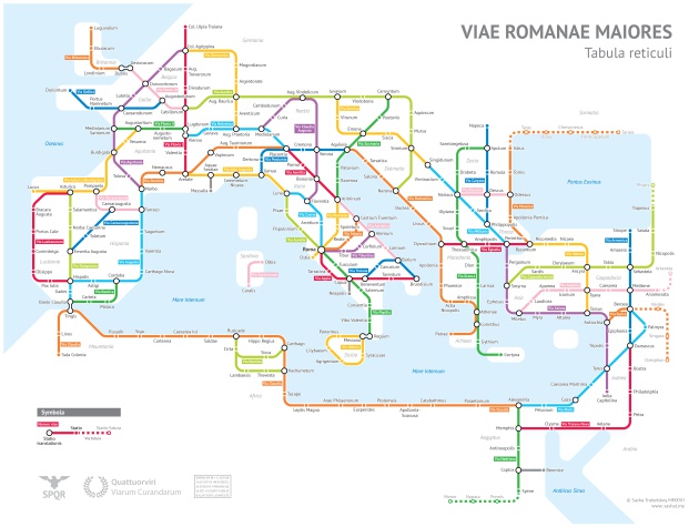 Mapa de metro que reconstruye parte de la red de conexiones del Imperio Romano / Sasha Trubetskoy. Haz click para ampliar la imagen.
