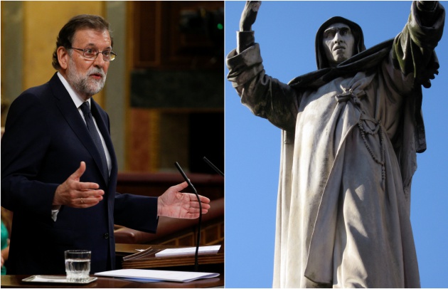 Mariano Rajoy durante el debate de la moción de censura y la estatua de Savonarola en Ferrara (Italia)