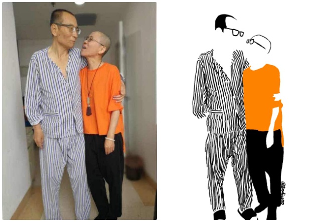 A la izquierda, la pareja formada por Liu Xiaobo y Liu Xia. A la derecha, una ilustración del dibujante político Badiucao.