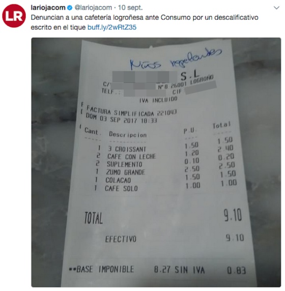 La dueña de la cafetería de Logroño responde al ticket de los “niños  repelentes” | Verne EL PAÍS