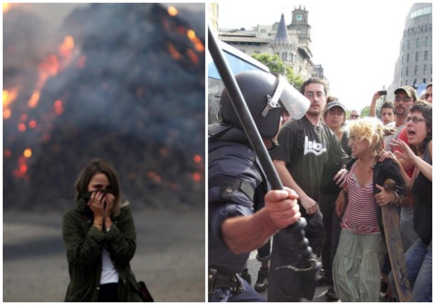 Incendio en Galicia (Cabalar EFE) / Carga policial en Cataluña (TEJEDERAS)