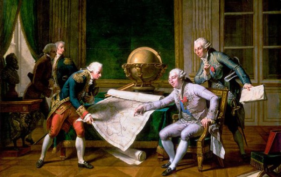 Luis XVI (de rosa) dá instruções para o capitão La Perouse, de Nicolas André Monsiau (1785)
