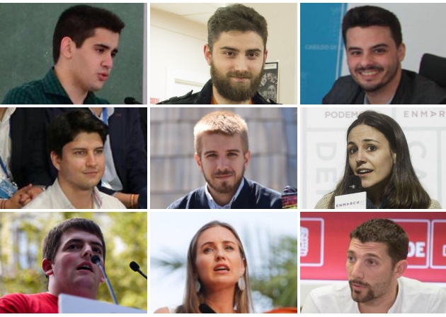 De izquierda a derecha y de abajo a arriba: Asier Areitio (PNV), Daniel Velasco (IU), David Toledo (Coalición Canaria), Diego Gago (PP), Francesc Roig (Compromís), Sabela Rodríguez (Podemos), Pau Morales (ERC), Melisa Rodríguez (Ciudadanos) y Omar Anguita (PSOE)