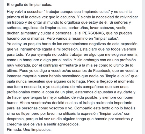 'Orgullosa de limpiar culos', un texto sobre el valor que damos a ciertos trabajos