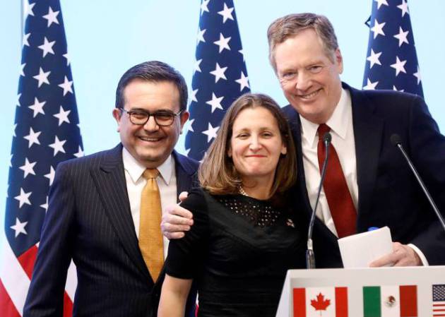 Los jefes negociadores de los tres países, Chrystia Freeland (Canadá), Robert Lighthizer (EE UU), derecha, e Ildefonso Guajardo (México), en marzo pasado