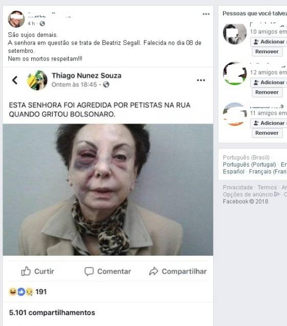 Foto da falecida atriz Beatriz Segall após um acidente foi difundida por simpatizantes do Bolsonaro de maneira falsa.