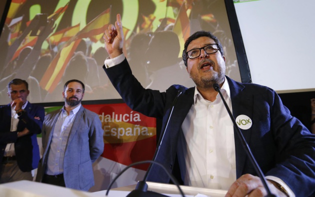 Spain's far-right VOX party regional candidate Serrano delivers a speech next to leader Abascal as they celebrate results after the Andalusian regional elections in Seville